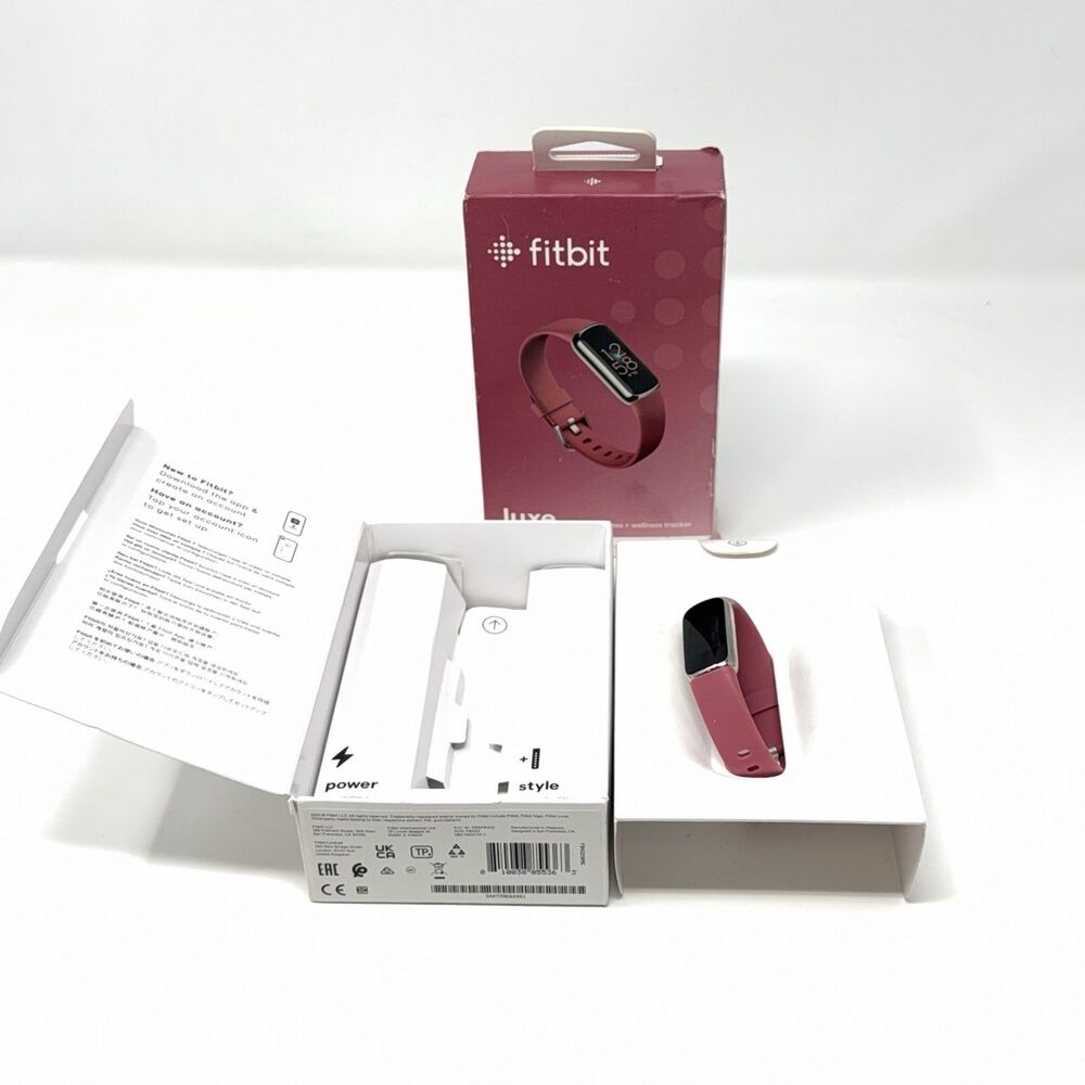 Fitbit Luxe Fitness Activity Tracker Orchid Platinum Steel Box Charger Band